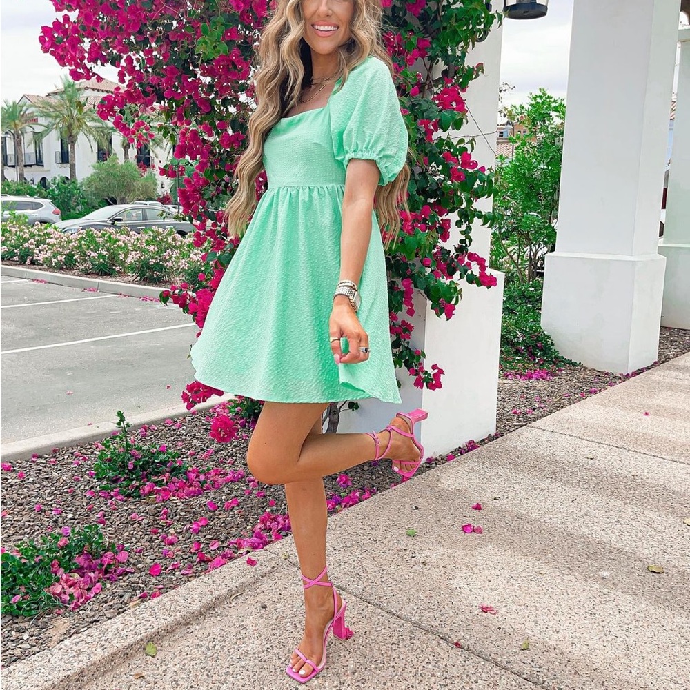 Pastel green puff sleeve dress